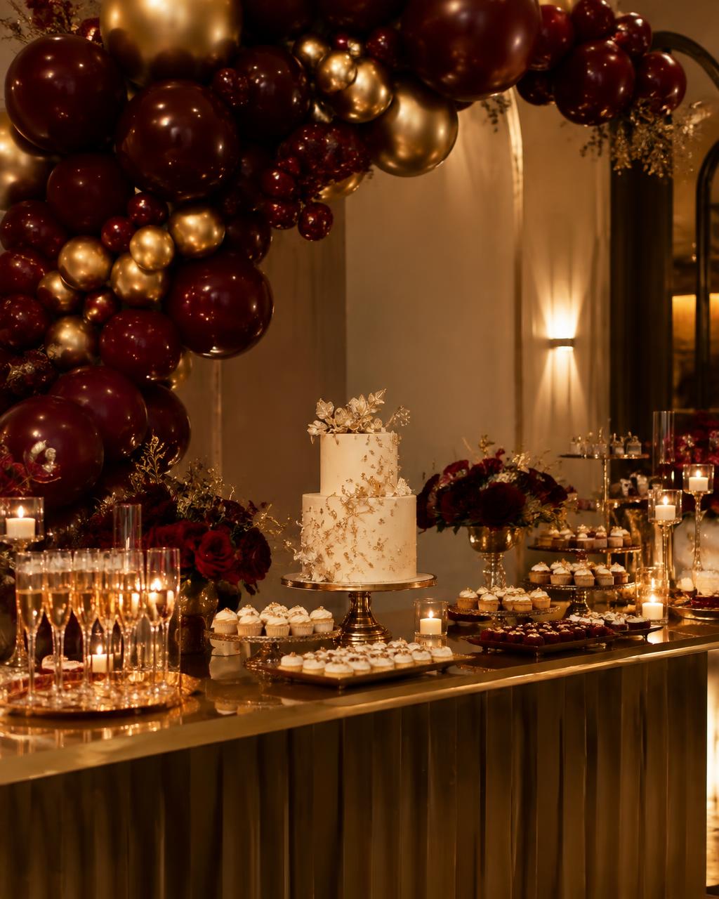 Arche de ballons bordeaux et or au-dessus d'une table de desserts élégante