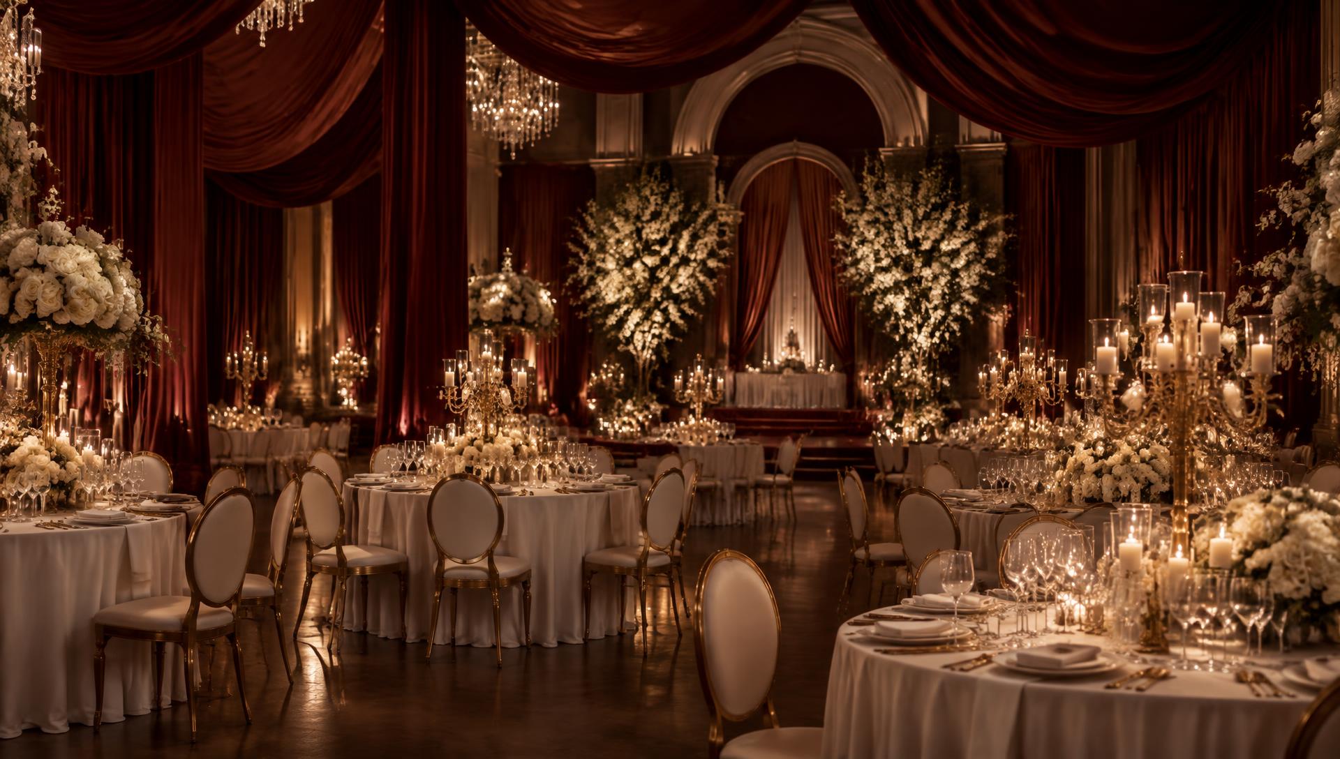 Salle de réception décorée par Esti Events : drapés bordeaux, compositions florales crème et chandeliers dorés