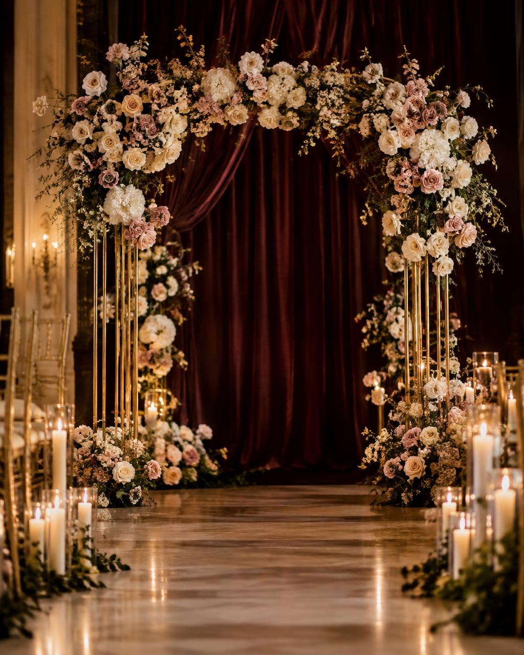 Arche florale de mariage avec roses crème et or devant un drapé bordeaux